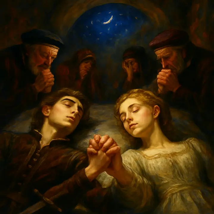 In a cold, moonlit family tomb Romeo and Juliet lie lifeless, entwined hands the focal point; their faces are peaceful but pale, hair splayed on stone, while above them a tear-streaked skylight shows a scattering of indifferent stars. At the foot of the slab, Capulet and Montague kneel opposite each other, faces broken, Lady Capulet and Lady Montague collapse nearby—swords and torn letters strewn around—the parents’ shared grief physically bridging the distance between the feuding houses.