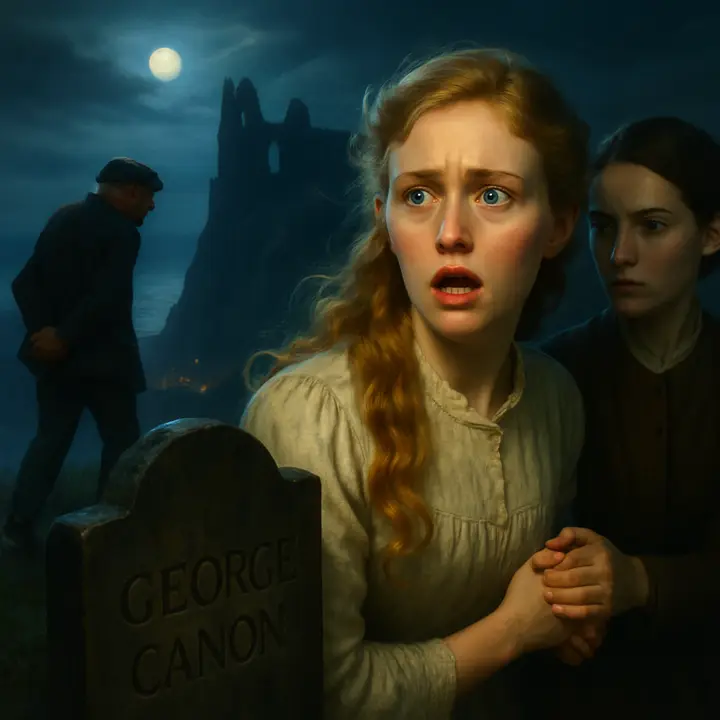 Swales cackles over the slab for 'George Canon', spinning a coarse tale of suicide; Lucy recoils in shock when he names the spot where she loves to sit, Mina clutching her hand as Swales hobbles off, triumphant and irritable. The toppled stone and the cliff edge loom ominously behind them, and the girls are left awkwardly hand‑in‑hand under the lowering sky.