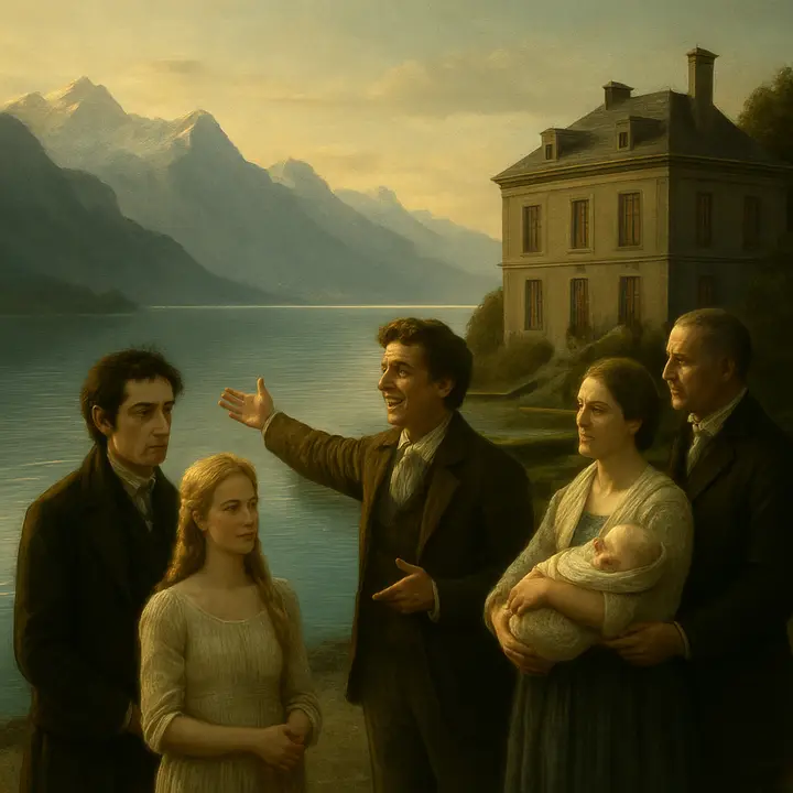 A panoramic family moment on the Geneva shore: young Victor and Elizabeth stand near the water, Henry Clerval animatedly pointing toward the distant mountains while the parents watch tenderly and a newborn brother rests in a nurse’s arms; the Family Chateau nestles behind them beneath towering, sublime peaks. Light plays across the lake, suggesting both peace and the grandeur that inspires Victor’s later ambition.