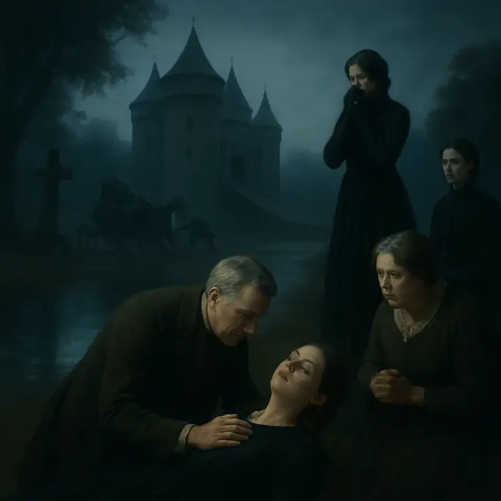 Sudden chaos at the roadside: a four-horse carriage lies on its side beneath a lime tree and an ancient stone cross, two horses hurled down, footmen scrambling, while a tall, pale lady in black velvet steps out, handkerchief at her face. A young girl is being lifted free as Laura's father kneels to check her pulse and Madame Perrodon and Mademoiselle De Lafontaine watch aghast; the mother whispers a quick benediction at the girl's ear, then the horses plunge and the carriage vanishes down the road.