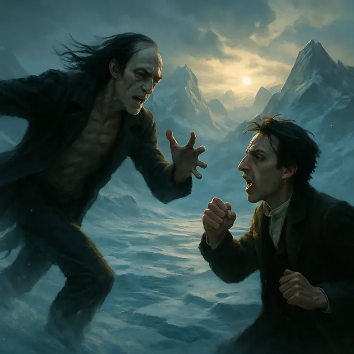 Suddenly a monstrous figure bounds toward Victor with impossible speed — taller than man, hideously ugly, muscles coiled like a predator; Victor recoils in a mix of rage and horror, cursing and lunging. The Creature stands calm and bitter, meeting his creator’s fury with accusing hands and a cold, imploring stare as the two face off on the cracking ice.