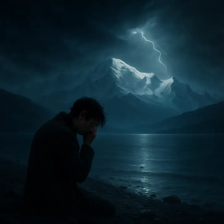 Victor alone on the pebbled shore at Lausanne, shoulders hunched, watching the placid lake and the snow-palaced summits of Mont Blanc; tears streak his face as the beauty of the scene feels like mockery. The vast, serene landscape dwarfs him, amplifying his solitude and mounting dread.
