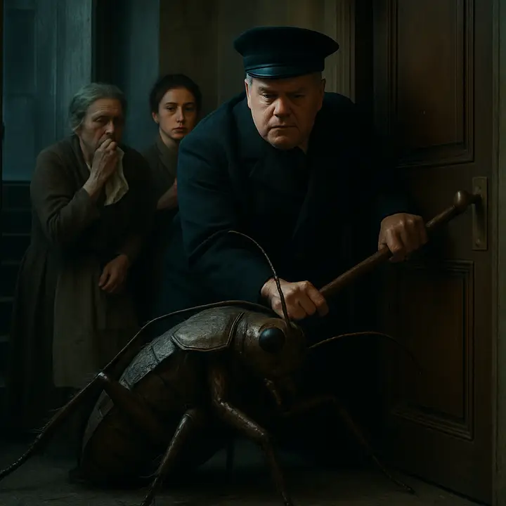 Mr. Samsa, eyes wild, seizes a stick and a folded newspaper and, hissing like an animal, drives Gregor back toward the narrow doorway; Gregor's flank scrapes the white wood, leaving dark brown flecks as a final shove sends him bleeding and tumbling back into his room. The door slams with the stick's last blow and silence falls, the family looming in the doorway while Gregor lies trapped inside. 