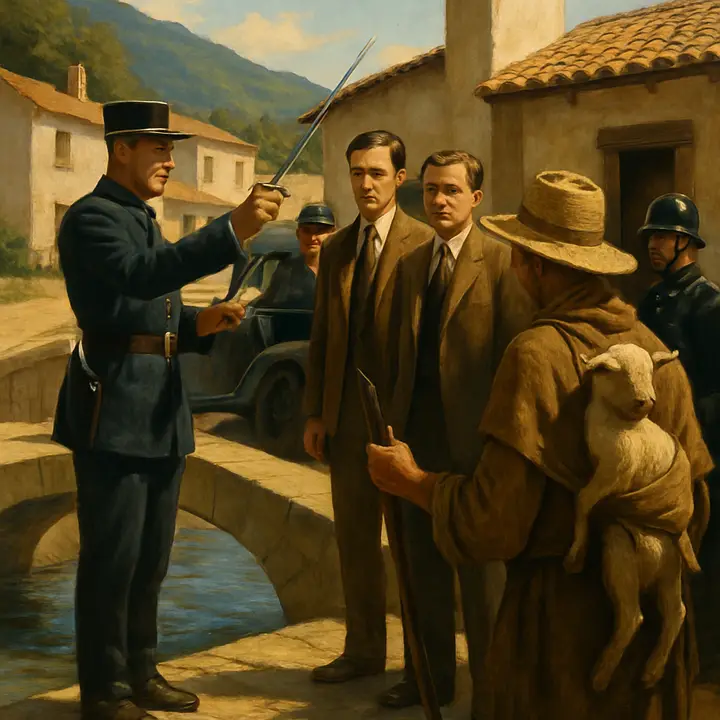 At the frontier stream a small bridge divides France and Spain; French kepis and Spanish carabineers exchange passports while an old, sunburned man with a long staff and a kid lashed to his back is waved away. The chauffeur folds papers in the background as Jake and the others watch the quiet, almost theatrical border routine.