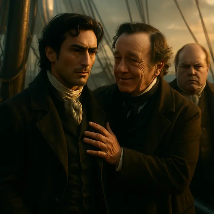 On deck after the anchoring, Morrel effusively praises Dantès and hints at promotion while Danglars stands nearby, his face suddenly clouding and eyes glittering with covert hatred. The contrast between Morrel's paternal warmth and Danglars' thinly veiled resentment crackles in the charged space.