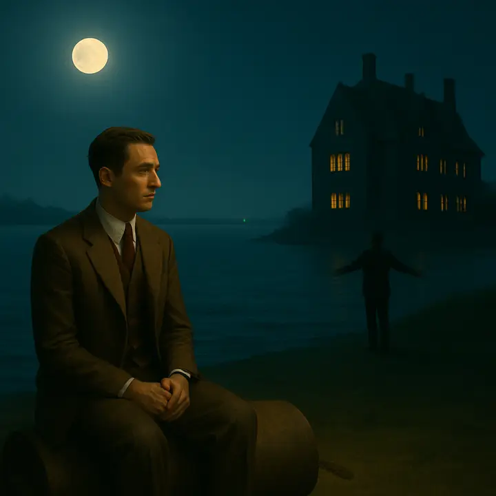 Nick sits alone on an abandoned grass roller outside his West Egg bungalow as a distant figure — Jay Gatsby — emerges from the shadows of the great house and stretches his arms toward the dark water; a single green light gleams faintly across the bay. The tableau is lonely and iconic: Gatsby small against the night, yearning toward a tiny, unreachable luminescence.