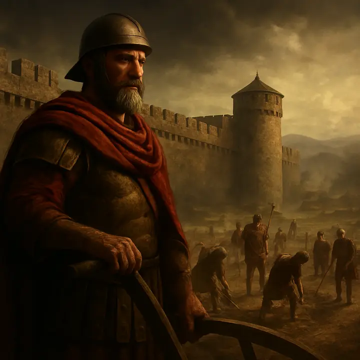 Romulus stands atop a freshly raised rampart, hand resting on a ceremonial plough, surveying a ragged ring of laborers and armed youths laying out the city's first streets as hearth smoke rises below. The nascent settlement stretches away into misty hills, a sense of deliberate creation and stern resolve in every planted stake and trench.