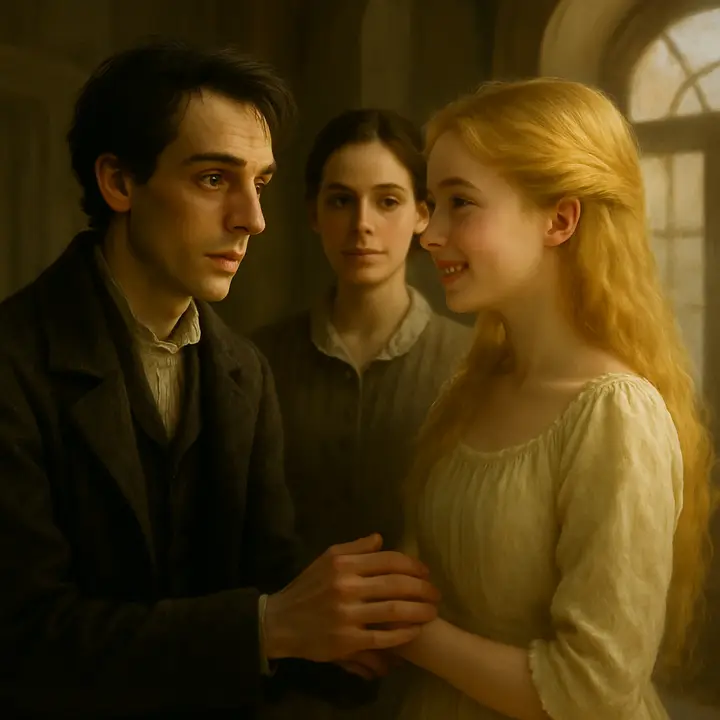 In the bright hall of the family villa, a five-year-old Victor Frankenstein gazes in rapt wonder as his mother presents Elizabeth Lavenza to him; Elizabeth stands like a radiant, golden-haired apparition, and the young Victor, half-puzzled, half-possessive, accepts her as his treasured 'present.' The tableau is warm, intimate, and slightly possessive from Victor’s perspective.
