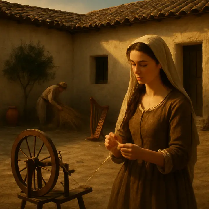 A quieter flashback: Dorotea in the household she manages — veiled at dawn for Mass, supervising workers, needlework at a window, the spinning‑wheel and harp kept nearby as solace. Light through latticework falls on her contemplative profile, showing her modest authority and almost monastic routine amidst wealth and industry.