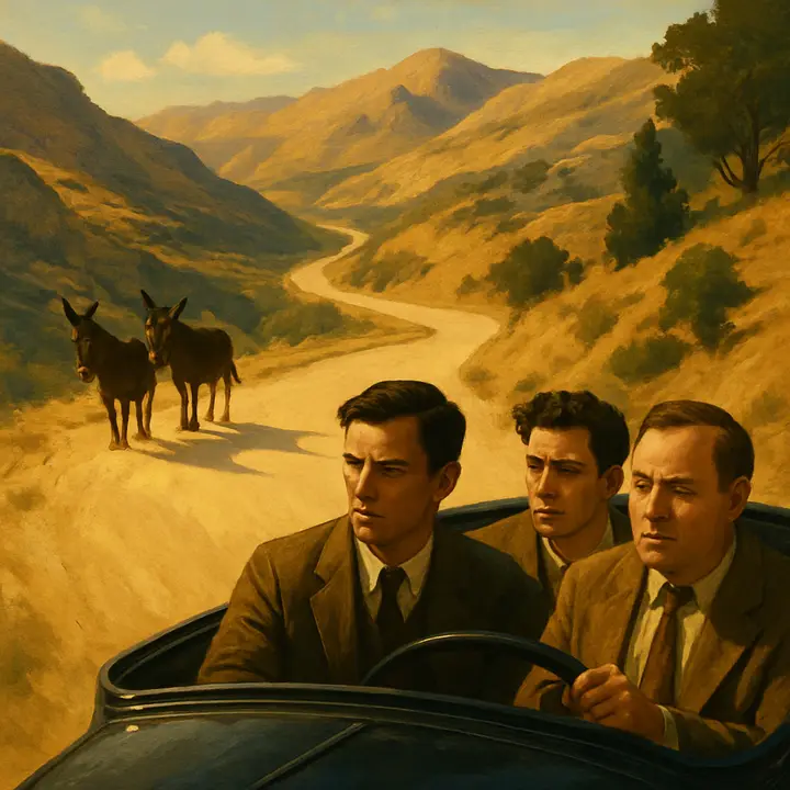 The closed car winds up a white dusty Col, the road switchbacking along a barren ridge; the driver honks as two donkeys sleep in the road and the party peers out across brown, furrowed mountains and distant pine forests. Dust rises in the sunlight and the landscape opens into long ridges and valleys, the car tiny against the sweep of Spain.
