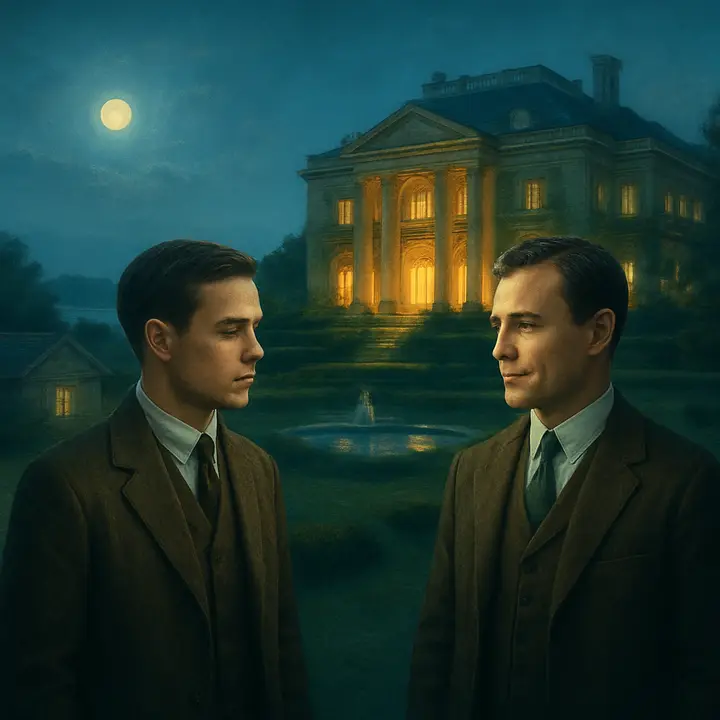 A panoramic twilight view showing Nick's weather‑beaten bungalow squeezed between vast lawns, with Gatsby's colossal, newly ivy‑clad mansion looming to the right — a Normandy hôtel de ville replica with tower, marble pool and acres of manicured lawn. The contrast between the modest bungalow and the ostentatious mansion emphasizes distance, aspiration, and the gulf between old and new money.