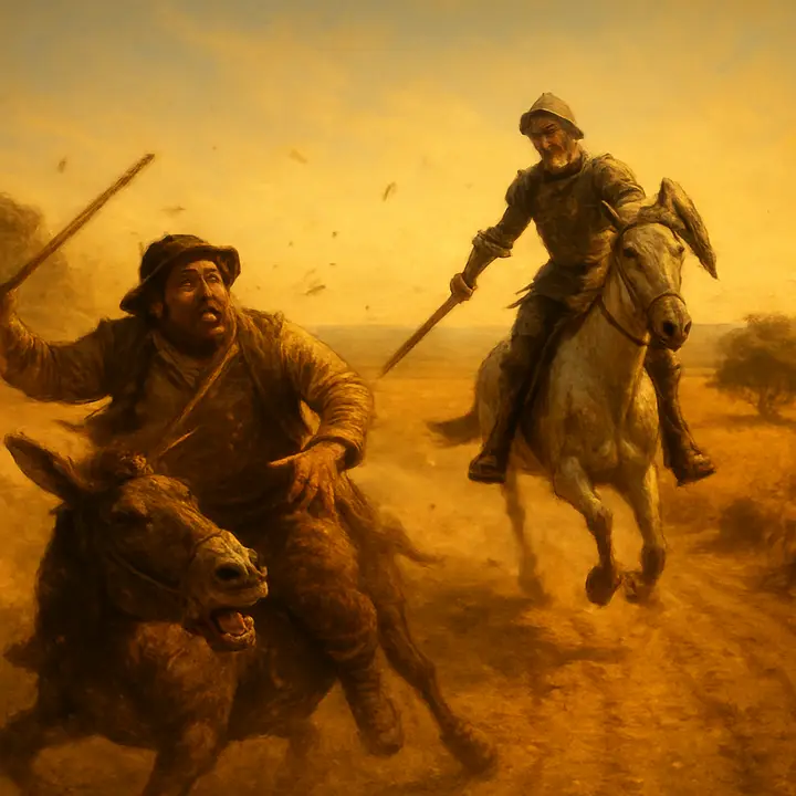 Chaos erupts: Sancho brays loudly in imitation and is instantly struck down by a villager's staff, collapsing amid flying dust; stones, bolts, and a hail of missiles rain on Don Quixote, who wheels Rocinante and flees in a terrified, frantic gallop. Sancho is set astride Dapple by the band and follows after his master, the evening light slicing through the kicked-up dust.