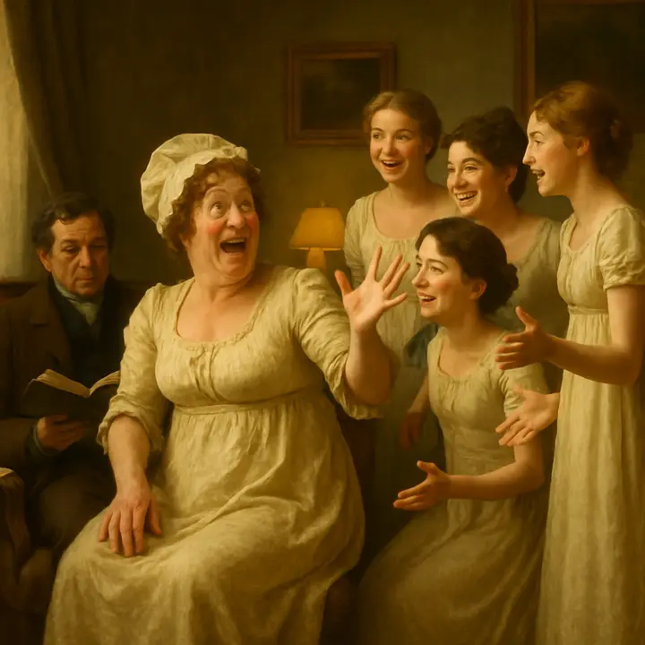 Back at Longbourn the family bursts in high spirits; Mrs. Bennet alternates between breathless praise of Bingley's handsomeness and a furious, theatrical denunciation of Darcy — 'I quite detest the man' — while Mr. Bennet sits reading with amused irony. The daughters chatter and flutter around their mother's emotional extremes, the household a merry mess of triumph and indignation.