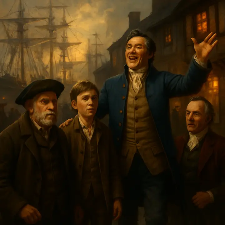 Dawn at the Bristol quays: ropes, sails and carved figureheads fill the skyline while sailors sing and hang aloft like spiders in the rigging; Jim and Tom stand amid the clamour, breathless with wonder. At the dockside inn Squire Trelawney, resplendent in blue, strides forward to announce the ship is ready and that they sail tomorrow, Dr. Livesey beside him and the bustling, tarry harbour life all around.