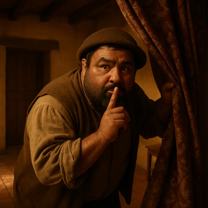 Without a word Sancho slips from his seat and, bent forward with theatrical caution, creeps along the tapestried wall lifting heavy hangings with one hand while his other finger presses to his lips. The furtive movement reveals his comic seriousness — a private spy-gesture in an opulent chamber, as fine embroidery and shadowed corners threaten unseen listeners.
