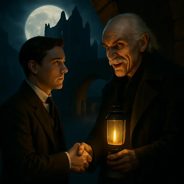 The great door grinds open and a tall, old man in black appears, silver lamp in hand; the naked flame throws quivering shadows across his long white moustache and aquiline face as he intones a courtly welcome. He clasps Harker's hand with a cold, deathly strength, smiling with courteous menace.