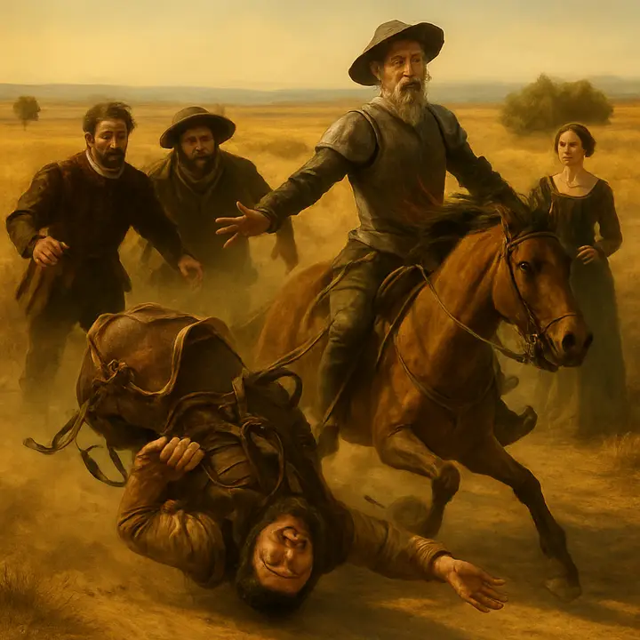 As Don Quixote moves forward to dismount in ceremony, Sancho's foot becomes horribly entangled in a pack-saddle rope and he hangs face-down on the ground; Don Quixote, misstepping, tumbles with Rocinante and the saddle comes off, creating a tumble of man, horse and tack. The Duke and huntsmen rush in to help while the Duchess watches—embarrassment, concern and suppressed amusement on their faces.