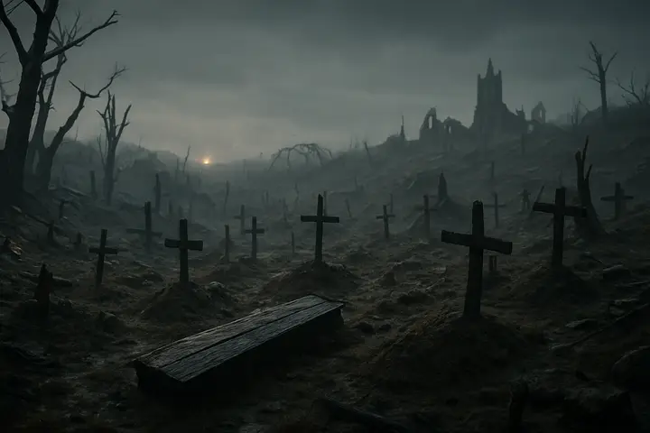 A shattered cemetery of mounded graves and blackened crosses, trees torn into ragged stumps and splintered limbs strewn like broken ribs. Coffin lids lie upturned amid churned soil; the light railway's twisted arches rise and fall in the wet field as rain beads on exposed wood and metal. Occasional flares from distant shells throw stark, flickering relief across the ruined slopes and scattered debris.