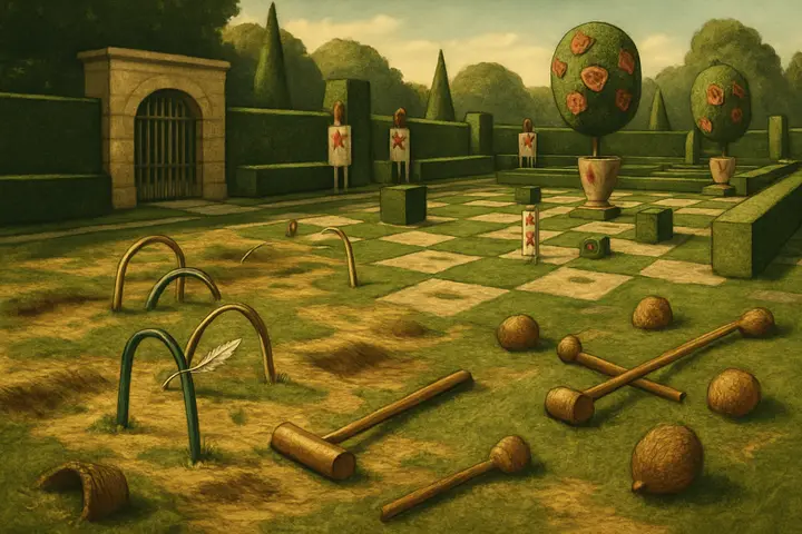 A broad, battered croquet lawn stretches out in a riot of ridges and furrows, hoops skewed at odd angles and heart‑decorated stakes leaning drunkenly; tufts of torn turf and upturned wicker baskets punctuate the green. A single flamingo feather is caught on a crooked arch; discarded mallets and a scattering of small, bristled indentations give the place an absurd, half‑abandoned quality. The composition reads as controlled chaos—ordered garden geometry warped into pandemonium.