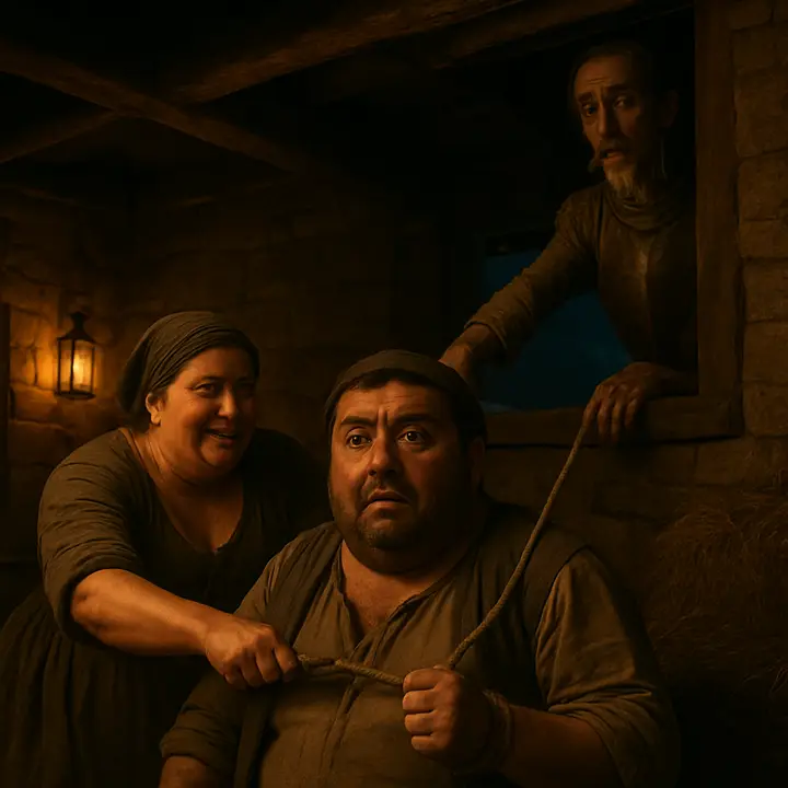 A practical joke in the stable: Maritornes slips down, seizes the halter of Sancho Panza’s ass and loops it over his wrist, tying the other end fast to the bolt of the straw-loft door; she and the girl run off in peals of laughter. Sancho wakes bewildered, halter trapped to his wrist, while Don Quixote remains trapped with his arm through the loft, ashamed and immobile.
