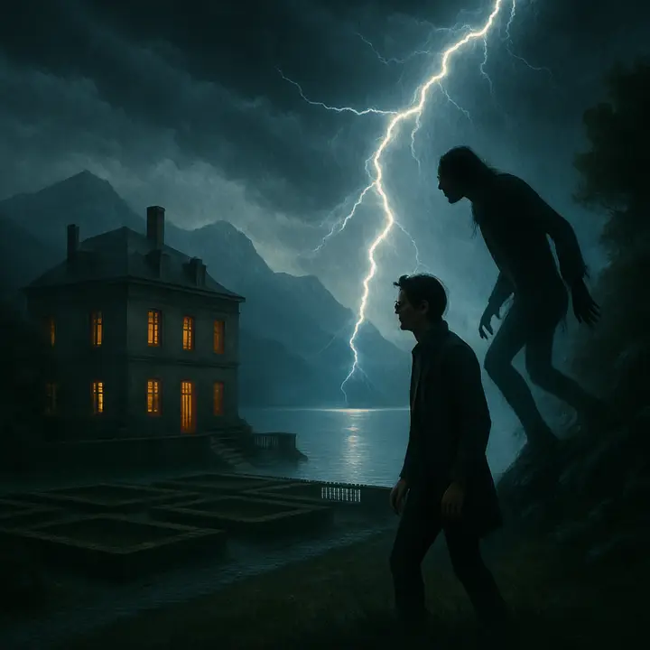 Under a storming sky on the shore of the lake, Victor stands on a low hill as lightning bursts over Mont Blanc and the water flashes like fire; a colossal, hideous figure slips from the trees and is revealed in a single stark flash—The Creature, silhouetted and more than human, then clambers up the rocks and vanishes into the dark.
