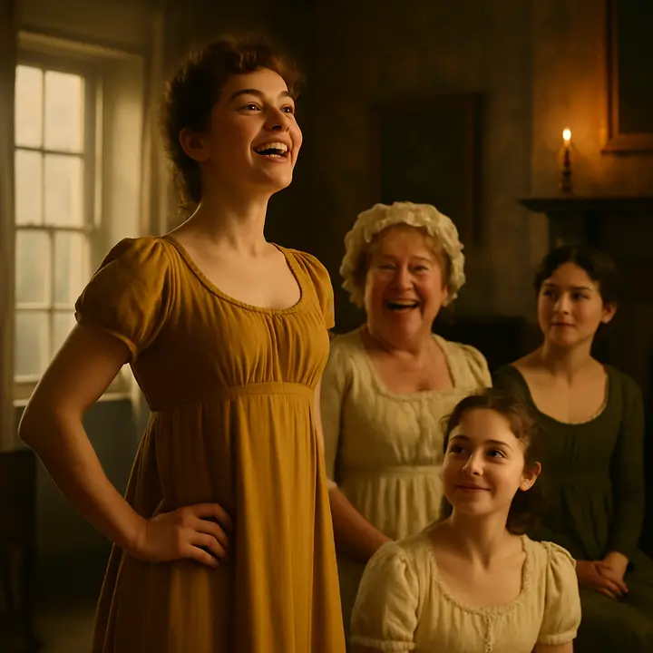 Lydia stands defiantly, chest thrust forward and chin up, proclaiming that she is the tallest while the family listens — Mrs. Bennet beams with encouragement, Kitty looks smugly pleased, and Elizabeth allows an amused half-smile. The moment is playful and petty, capturing Lydia's youthful vanity amid the cozy chaos of Longbourn.