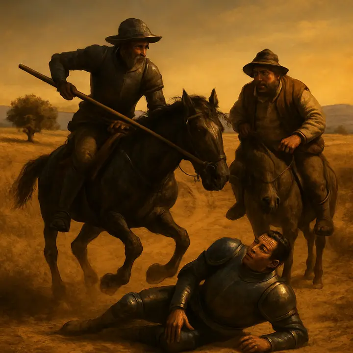 The climactic charge: Don Quixote spurs Rocinante in an uncharacteristic burst of speed and smashes into his opponent, who is unhorsed and falls heavily. Don Quixote dismounts and, bending over the prostrate man, catches sight of a familiar face—Samson Carrasco—lying stunned at his feet.