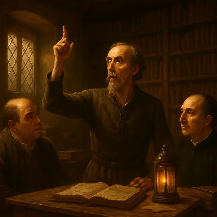 Don Quixote rises in sudden grandeur, finger uplifted and eyes alight as he declaims his plan that all knights‑errant should be summoned to face the Turk; his posture is heroic, old dreams blazing anew. The Barber and the Priest exchange worried looks — the speech sounds like prophecy and madness at once. 