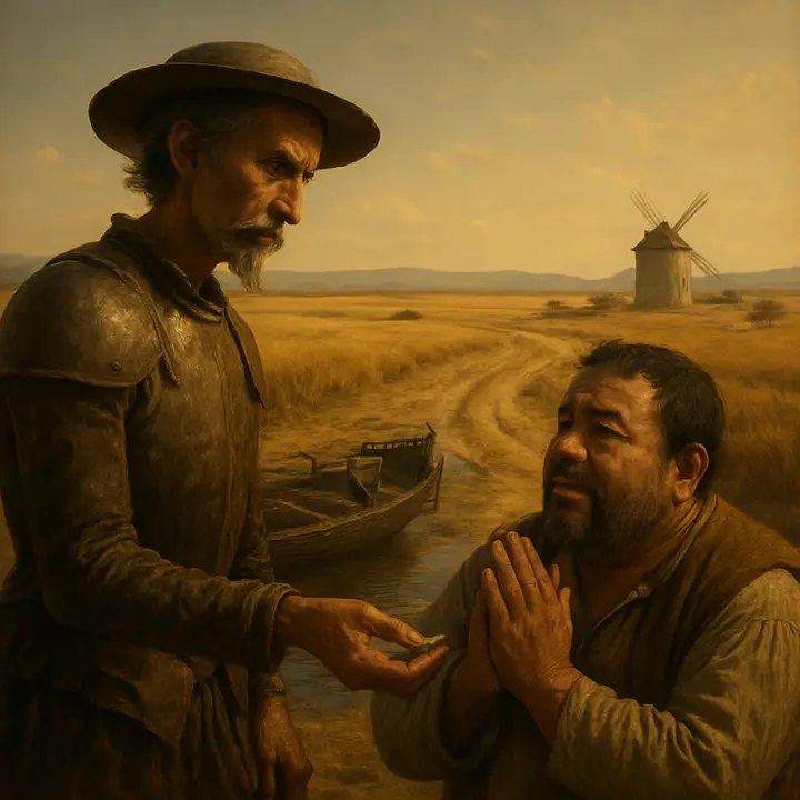 After the scuffle, the two are hauled dripping onto the bank: Don Quixote, chastened but resolute, handing over fifty reals while Sancho kneels sobbing and praying, shivering and humiliated as the skiff lies smashed behind them. The millers look unconvinced and impatient; the imagined prisoners are nowhere, and a weary resignation hangs over the pair as they prepare to remount their beasts.