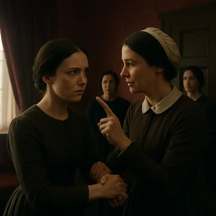 Jane struggles fiercely, arms held by a servant while she glares up with furious, tear-blurred eyes; Bessie Lee seizes her wrist and scolds, finger raised, as the household women hover like accusatory shadows. The tension of revolt — a small figure fighting a larger domestic machine — is raw and immediate.