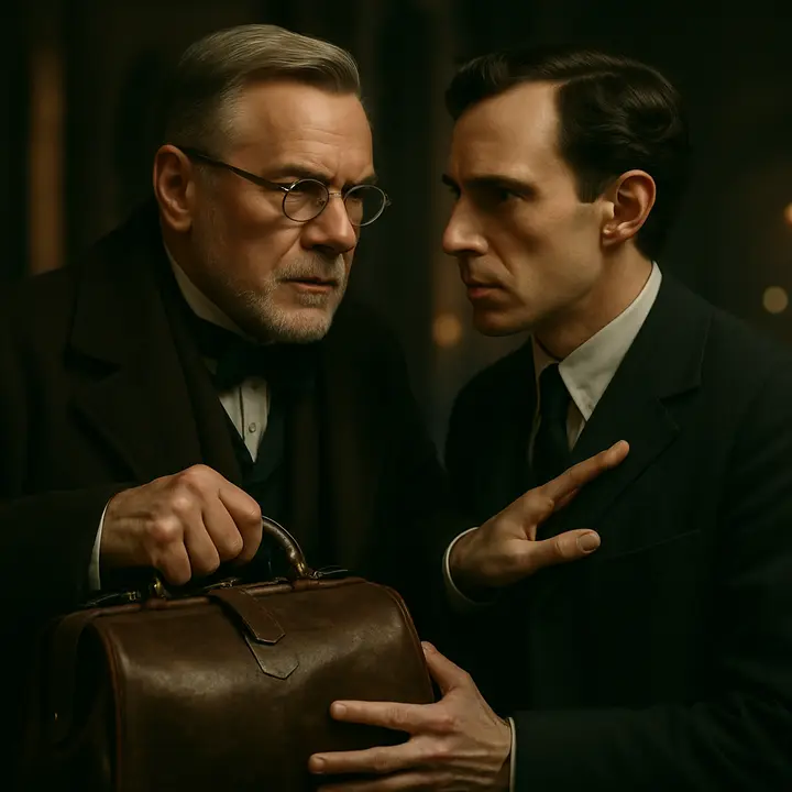 Van Helsing steps out of a hansom at Liverpool Street, cloak flung back, carrying a battered leather bag of instruments. He leans close to Dr. Seward in a whispering, urgent private talk — touching Seward’s heart and brow, then briskly tugging his ear as if to make him heed every word.
