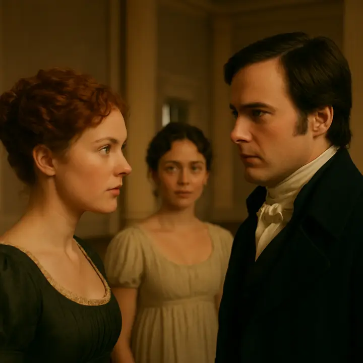 After the refusal Caroline Bingley corners Mr. Darcy, teasing about marriage and Pemberley; Darcy, unguarded, names 'Miss Elizabeth Bennet' as the cause of his pleasant reverie and praises a pair of fine eyes, while Elizabeth listens nearby with surprise and a flash of amusement. The exchange is intimate and charged, a quiet unraveling of Darcy's pride in plain sight.