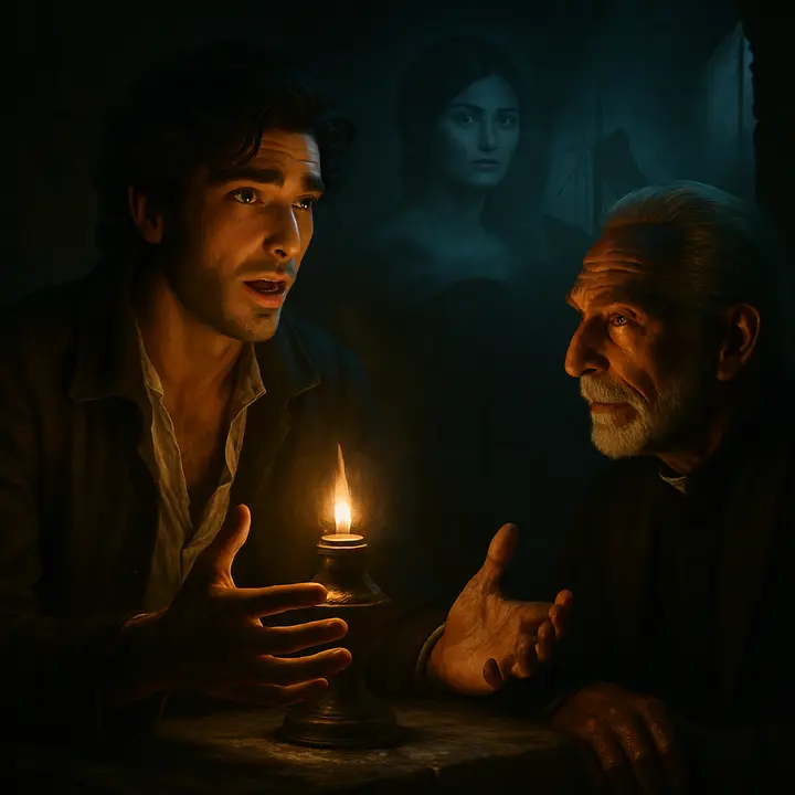 By candlelight Edmond relates his life up to the arrest — voyages to the Levant, the entrusted packet for Elba, his joyous return and nuptials with Mercédès, and then the sudden denunciation and blanked trial — while Faria listens, eyes intent. Small, ghostly flashbacks of Mercédès and the ship flicker as Dantès speaks, nostalgia and grief blending on his face.