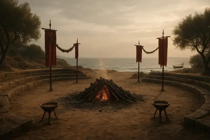 An open arena by the shore where a charred, empty pyre stands at its center, ringed by worn racing markers and braided laurel garlands fluttering on poles. Olive trees and low stone seats form a primitive amphitheatre, while the beach beyond offers beached ships and a quiet, grey sea reflecting a pallid sky. The scene is reverent and still, a place of ritual contest and remembered loss rather than immediate turmoil.