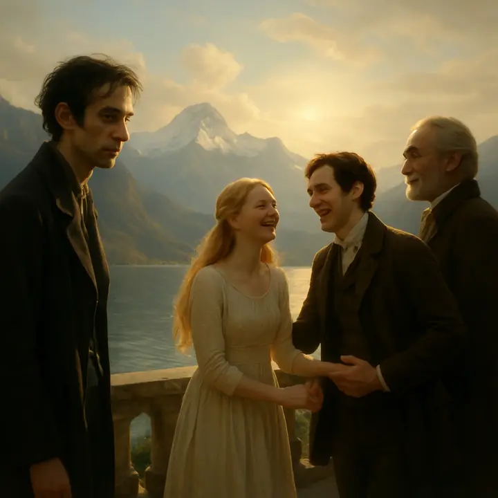 A serene family moment on the Belrive shore: Victor standing a little apart, ardent and watchful, while Elizabeth, calm and radiant, and Henry Clerval, youthful and spirited, laugh as the Alps rise behind them; Alphonse Frankenstein looks on with indulgent pride. Sunlight washes the scene, the mountains filling the sky like guardians of their secluded home.