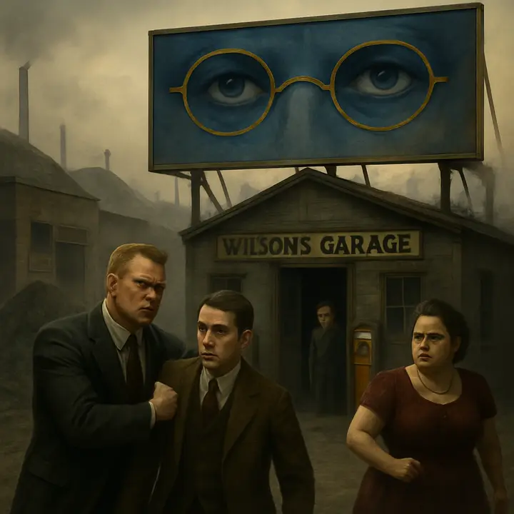 A desolate, powdery plain stretches under a huge, weathered billboard whose blue eyes brood over everything. The yellow‑brick row sits at the edge of the ashheaps — the all‑night restaurant, a shop for rent and Wilson's garage — while Tom brusquely drags Nick off the train and Myrtle, thickset and eager, emerges into the dust. The composition contrasts the monumental, staring eyes above with the small, grimy human figures below.