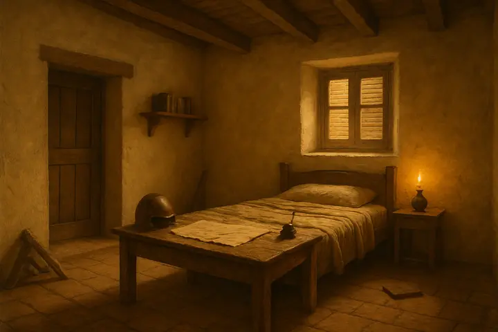 A cramped, low-ceilinged room dominated by a rough wooden table strewn with parchments, an inkpot, a battered helmet and a smoldering candle; narrow shuttered windows admit slivers of street light and the floorboards creak under the weight of worried plans. Shelves of small books and a plain bed press close to the walls, the cluttered domesticity forming a conspiratorial nest of maps and muttered schemes.