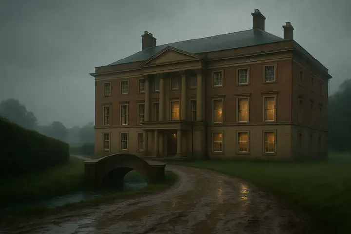 The broad façade of a fashionable rented mansion appears through a sheet of rain, set in a small park whose gravel drive has been churned to mud and puddles. A hedgerow-lined approach and a low stone bridge lead up to a porte-cochère and tall sash windows faintly steamed by the damp interior. Wet lawns and rain-hazed fields stretch beyond, emphasizing sodden, abrupt arrival.