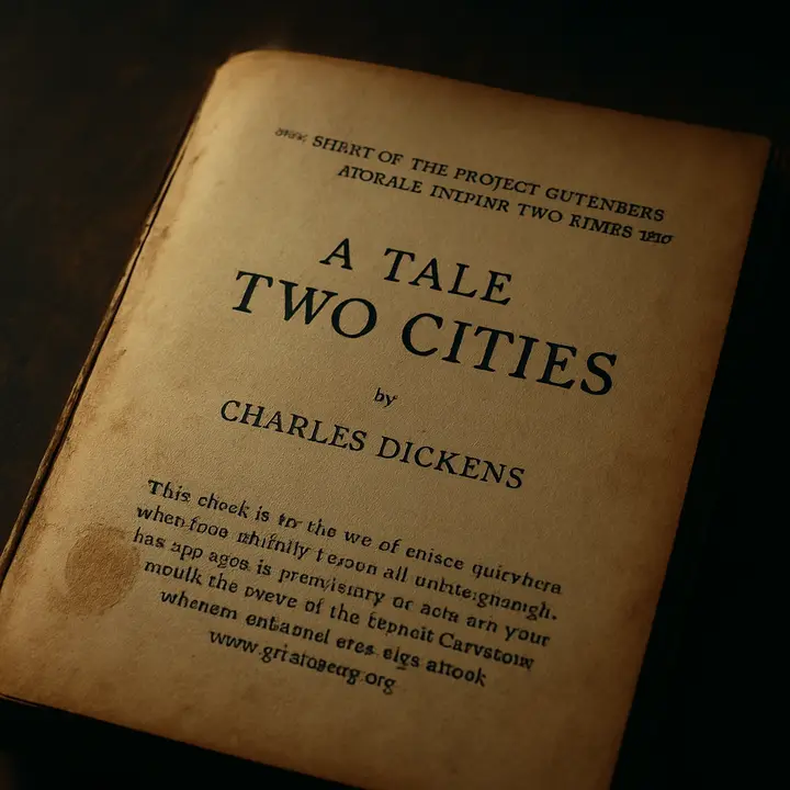 A close, tactile view of the Project Gutenberg title page for A Tale of Two Cities: ornate vintage type, the author line, and the licensing block, the starred header "*** START OF THE PROJECT GUTENBERG EBOOK A TALE OF TWO CITIES ***" catching light. Edges of the paper are slightly browned and there are faint fingerprints, suggesting many hands have opened this book over time. The composition emphasizes the physicality of text as artifact and the beginning of a story being offered to the reader.