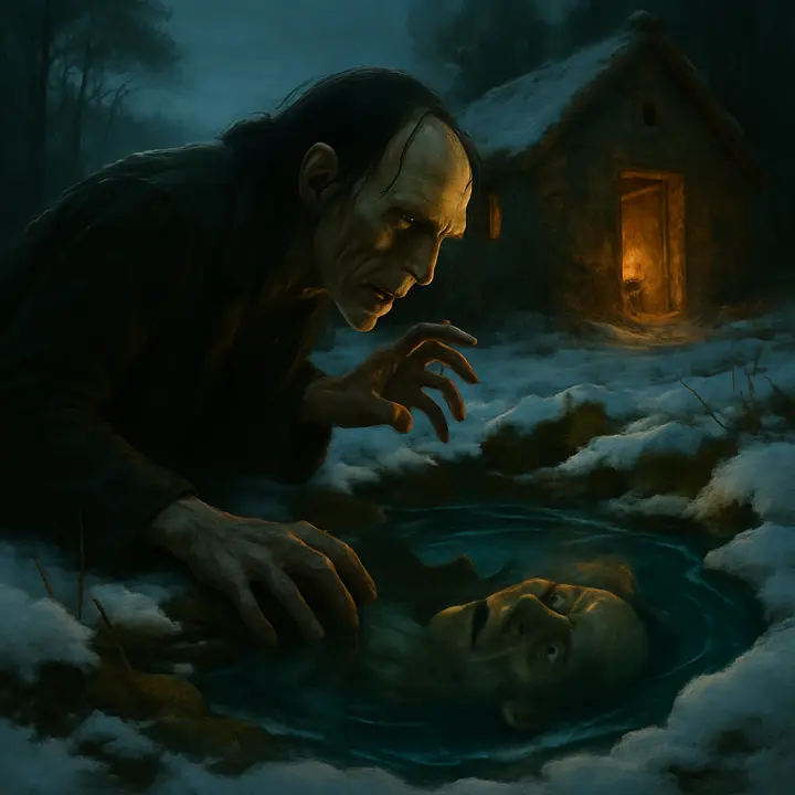 The Creature stoops beside a transparent pool and recoils in horror as the monstrous face in the water reveals his own features — a sudden, wrenching recognition. Snow melts around the pool and the sunlight strikes the distorted reflection, making the moment both cruelly clear and painfully exposed.