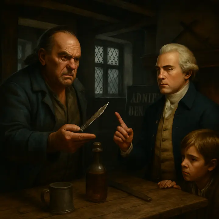 Inside the parlour the atmosphere is frozen: the captain, livid and reeking of rum, has sprung up and balanced an open sailor’s clasp‑knife on his palm, while Dr. Livesey sits calm and unflinching, pointing out his threat of legal retribution. Patrons fall silent; Jim cowers to one side as the two men lock eyes in a charged battle of wills just before the captain reluctantly puts the knife away.