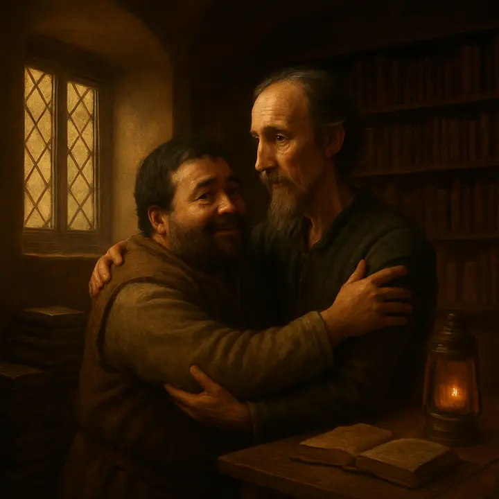 A sudden knock; the scene softens as Sancho Panza is admitted and embraces Don Quixote. The two retire to a quiet, book-lined chamber — the knight proud and pompous yet warmly intimate, the squire practical and earthy — beginning another round of earnest, comic confidences by lamplight.