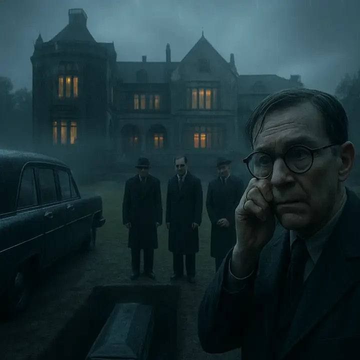 A small, rain-smeared funeral at a gray West Egg cemetery: three cars halt in drizzle, a black wet hearse first, as the minister, Henry Gatz and Nick stand by the open grave; Owl Eyes appears, his thick glasses beaded with rain, wiping them to stare as the canvas is drawn over the coffin. The mourners are almost embarrassingly few—an intimate, shivering tableau of abandonment punctuated by a single muttered blessing.