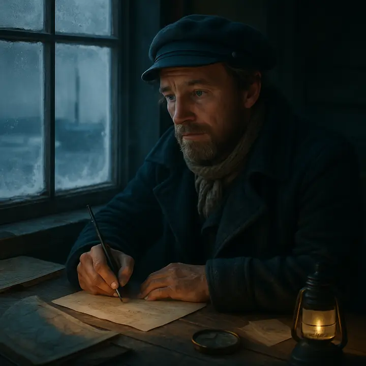 Robert Walton sits at a small wooden desk in a cold, sparsely furnished room in Archangel, pen poised over a letter to his sister. Frost clings to the windowpane behind him; maps, sea-charts and a brass compass lie scattered, and the pale northern light catches the weary, yearning expression on his face as he confides his loneliness.