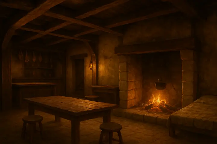 A cramped, timbered common room with low beams and a long oaken table scarred by years of meals; a narrow patched bed tucked against the wall—its mattress visibly repaired with a scrap of heavier cloth—and a steep stair leading up to a dim garret, oil lamps pooling warm light that dies at the rafters. The space feels both hospitable and strained, every surface holding the residue of many travellers and the hush of the night settled in corners.