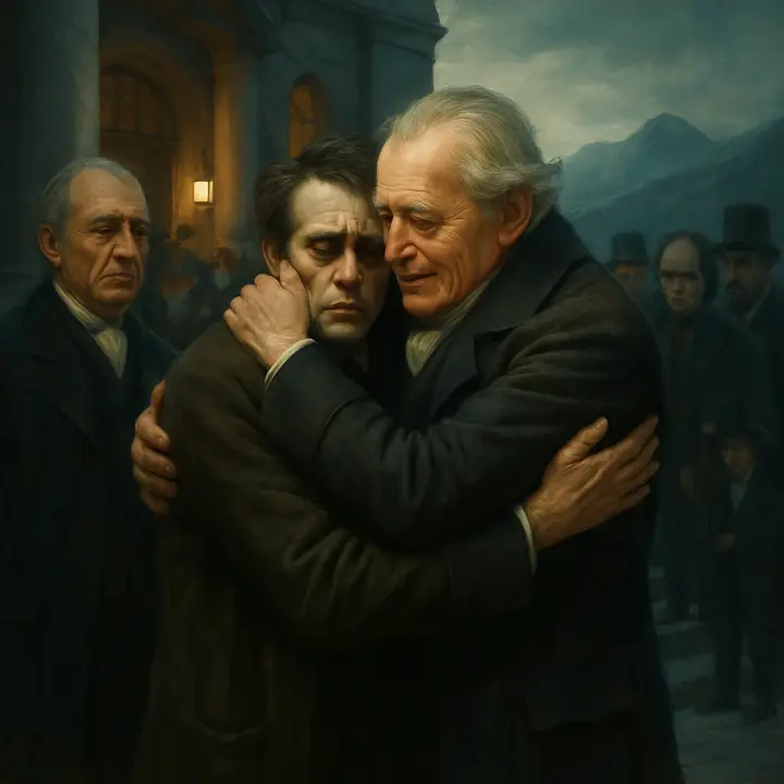 Outside the assize court after the grand jury rejects the bill: Kirwin stands relieved while Victor, freed but hollow, is reunited with his father, Alphonse, who embraces him with tearful joy. Despite the relief of liberation, Victor's gaze is distant and poisoned by loss; the crowd and legal officials mill around them. Convey the bittersweet release — freedom in law, but destruction of spirit.
