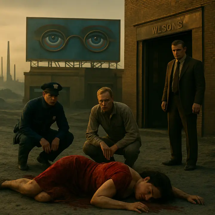 Dusk and horror on the road: a light-colored car wavers and does not stop — a woman's mangled body lies sprawled in the dust, dark blood stark against the pale gravel, her dress torn and grotesquely displaced. The scene is hushed and appalled as Michaelis and a motorcycle policeman crouch, and George Wilson keens at the threshold of his office while Tom stands oddly impassive and calculating.