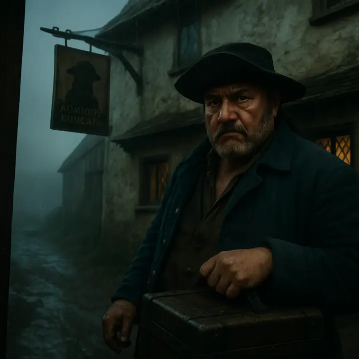 A hulking, weather-beaten seaman staggers up the Inn's muddy road and slams open the heavy door, rain-slick coat and a battered sea‑chest thudding behind him; his sun‑burned face is shadowed under a black beaver hat, eyes wary, a hand lingering near his belt as if to ward off foes. The Inn sign swings in the wind above, lamplight spilling onto the cobbles and catching the brass nails of the chest—a moment that announces danger and secrets arriving in a quiet country tavern.