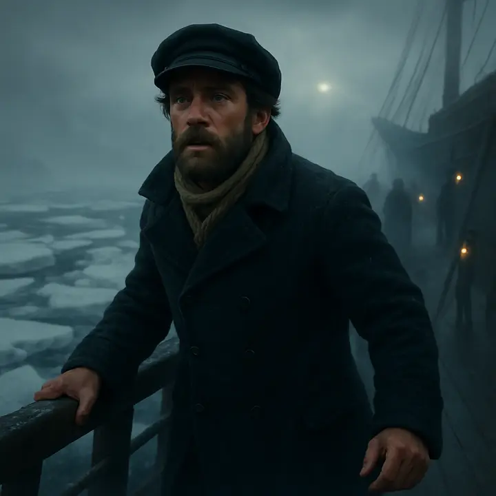 On the ship's deck Walton stands wrapped in a heavy coat, gripping the railing as the vessel lies among drifting ice and low, ghostly mist. Crew silhouettes move about in the haze; a pale sky and scattered floes stretch to the horizon—Walton's face is a mix of trembling fear and exhilaration as he prepares to push into the ‘land of mist and snow.’