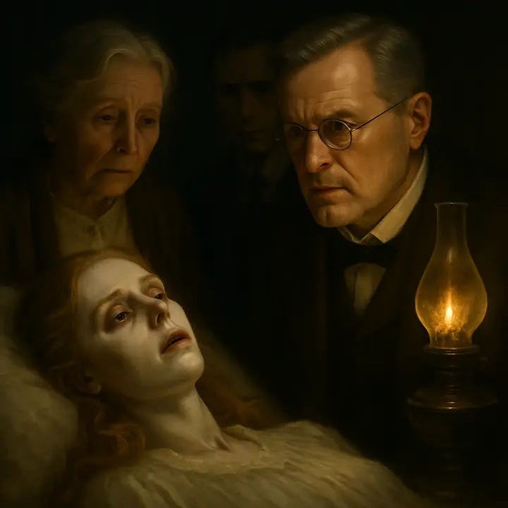 In Lucy’s lamplit bedroom, the thin candlelight throws her face into stark relief: chalk-pale skin, prominent bone, bloodless lips and gums, breathing shallow and painful. Mrs. Westenra stands oddly calm at the bedside while Van Helsing's expression hardens as he pronounces that she will die for want of blood.